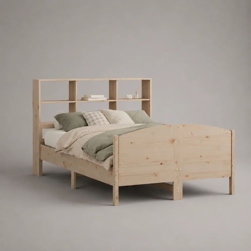Letto matrimoniale con testiera libreria in pino massello naturale, per materasso 160 x 200 cm, dimensioni 215 x 168 x 150 cm
