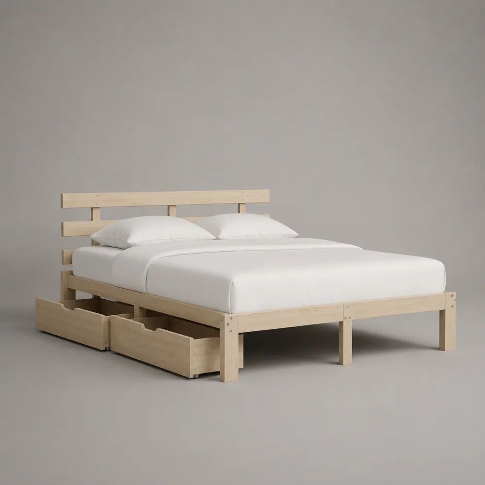 Letto matrimoniale in pino massello naturale 208 x 168 x 100 cm con rete a doghe e 2 cassetti, per materasso 160 x 200 cm