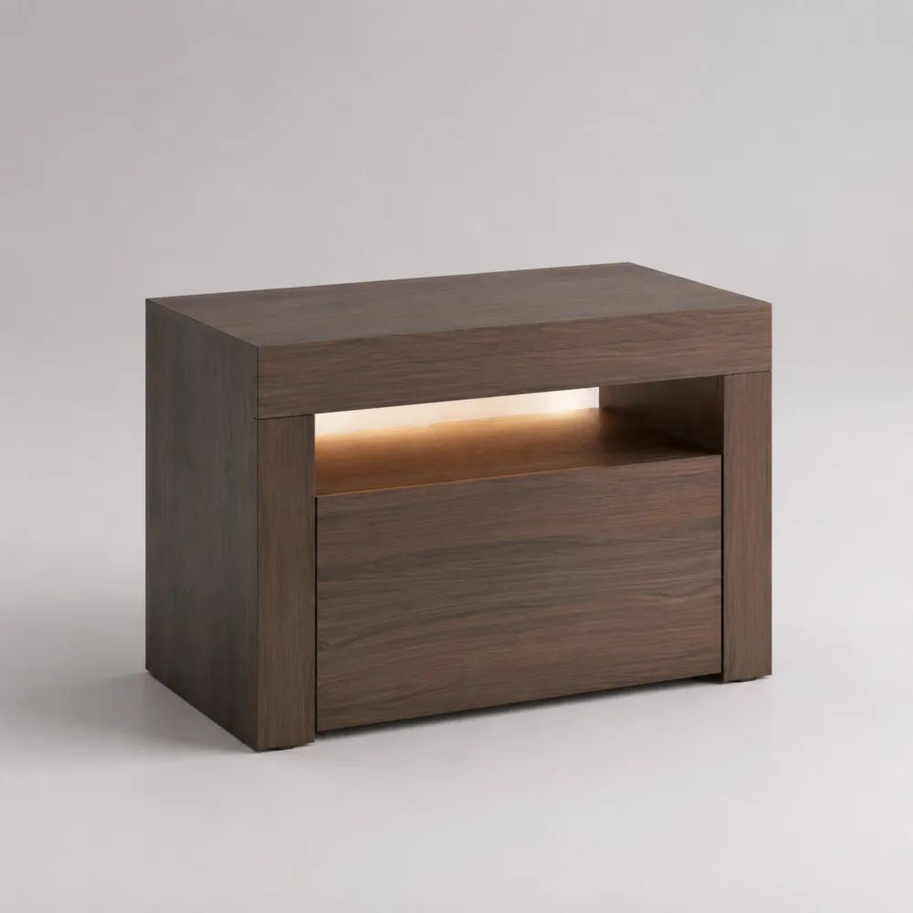 Comodino rettangolare con cassetto, vano aperto e illuminazione LED, MDF impiallacciato noce marrone, 60 x 40 x 50 cm