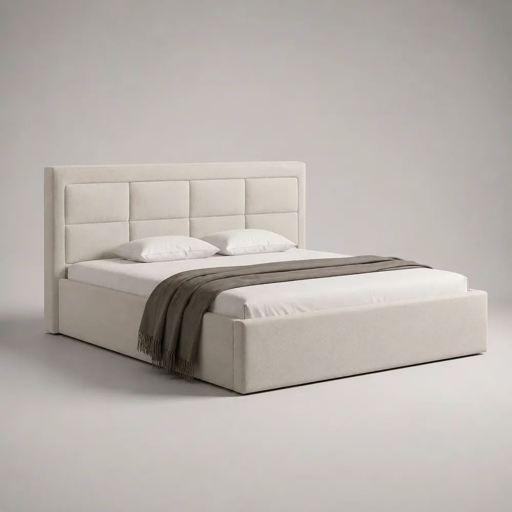 Letto matrimoniale imbottito 176 x 218 x 120 cm per materasso 160 x 200 cm, in tessuto bouclé bianco crema, con testiera a pannelli