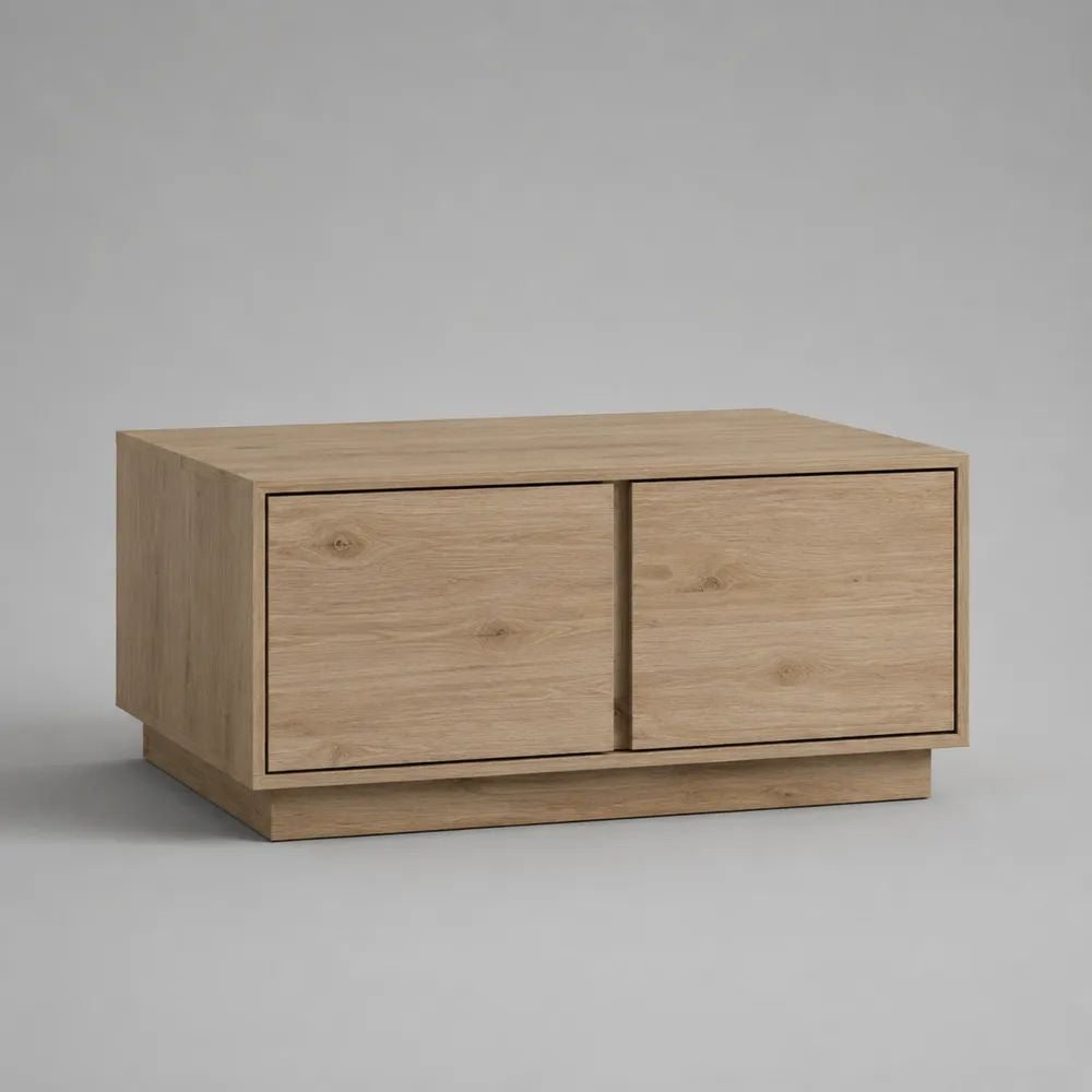 Tavolino da salotto rettangolare in legno con vano contenitore e 2 ante, rovere naturale, 100 × 55 × 45 cm