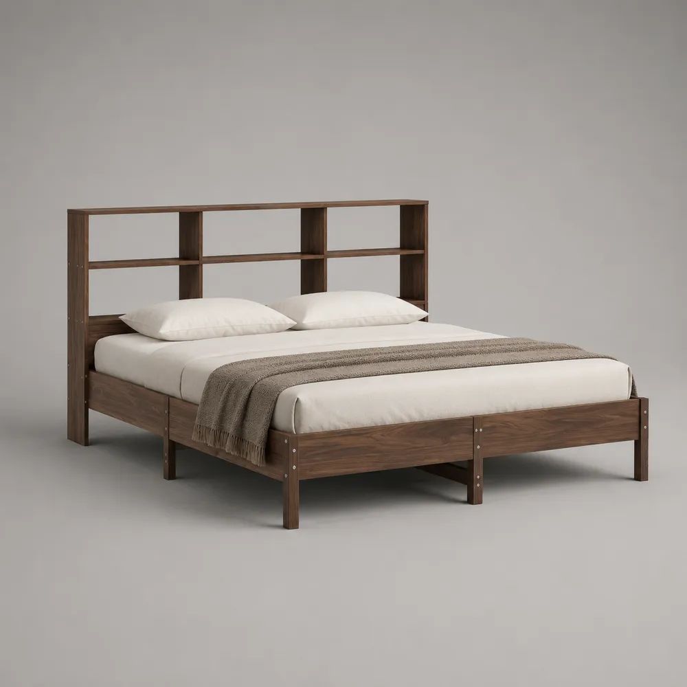 Letto matrimoniale in legno 160 x 200 cm con testiera a libreria, 215 x 168 x 150 cm, marrone noce
