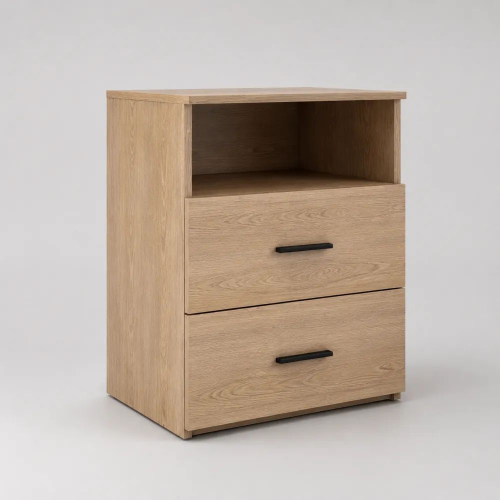 Comodino con 2 cassetti e vano aperto in pannello truciolare effetto rovere chiaro, 45 x 40 x 65 cm