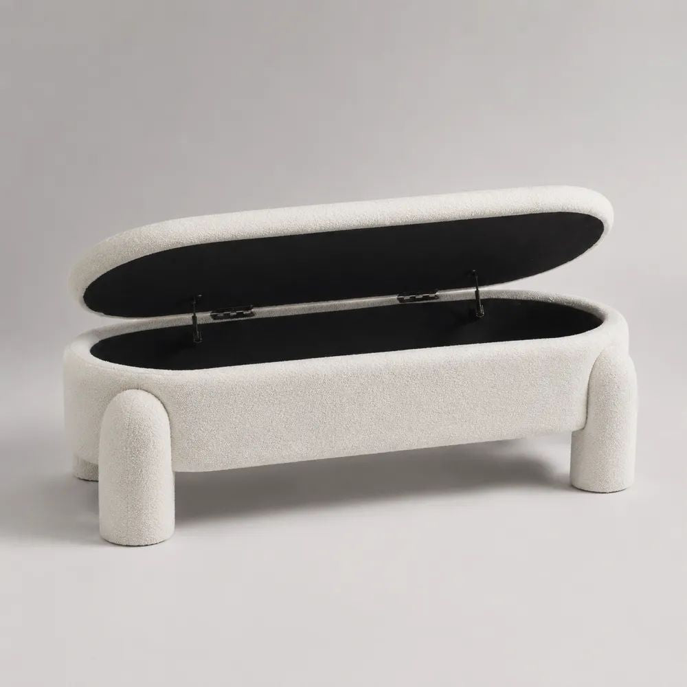 Panca contenitore rettangolare in tessuto bianco crema con seduta imbottita, 120 x 45 x 48 cm