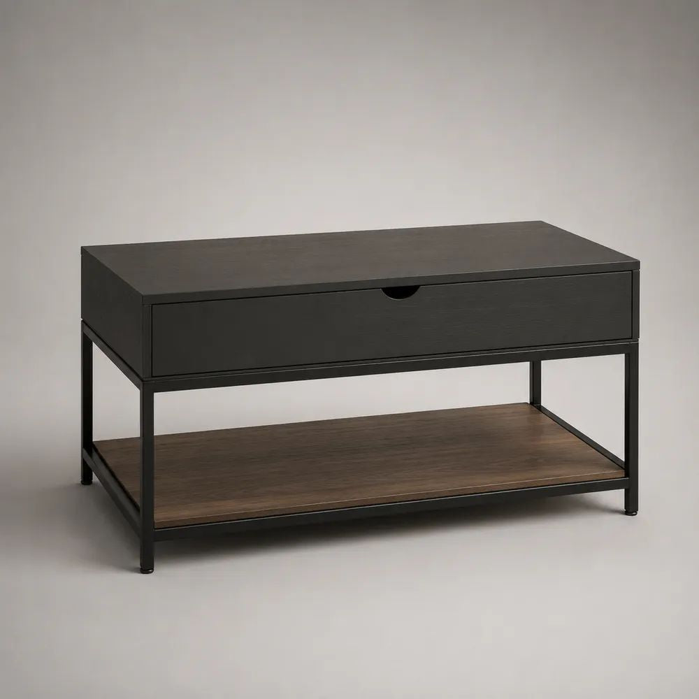 Tavolino da salotto rettangolare in legno e acciaio con cassetto e ripiano, nero e marrone noce, 100 x 50 x 55 cm