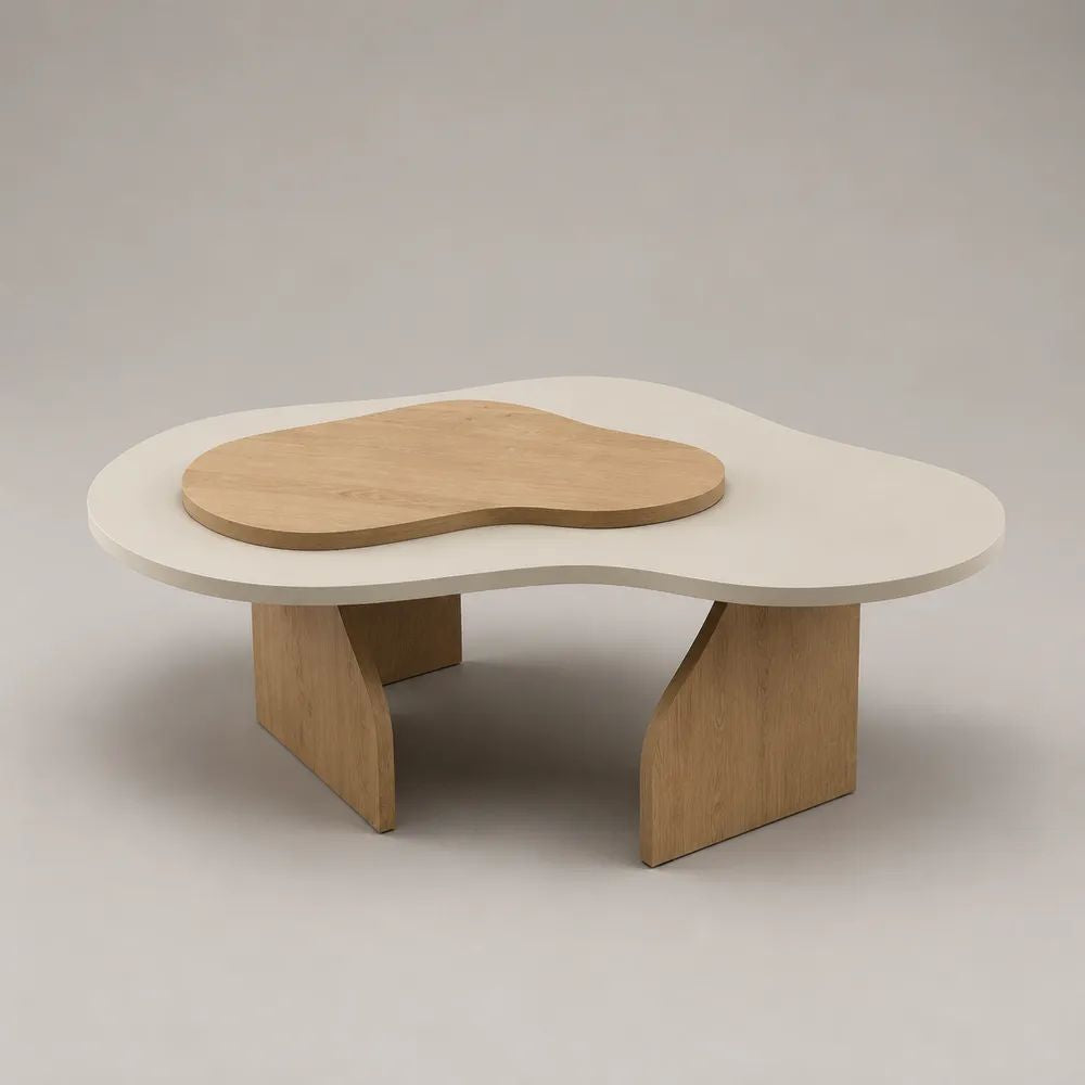Tavolino da salotto in MDF impiallacciato rovere con doppio piano organico bianco e rovere naturale, 100 × 80 × 43,8 cm