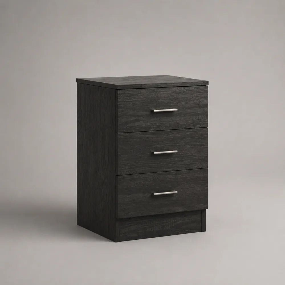 Comodino rettangolare in pannello truciolare melaminico con 3 cassetti, nero e argento, 40 x 35 x 60 cm