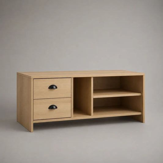Panca fondo letto contenitore in legno con 2 cassetti e 3 vani aperti, rovere chiaro e nero, 120 × 40 × 55 cm