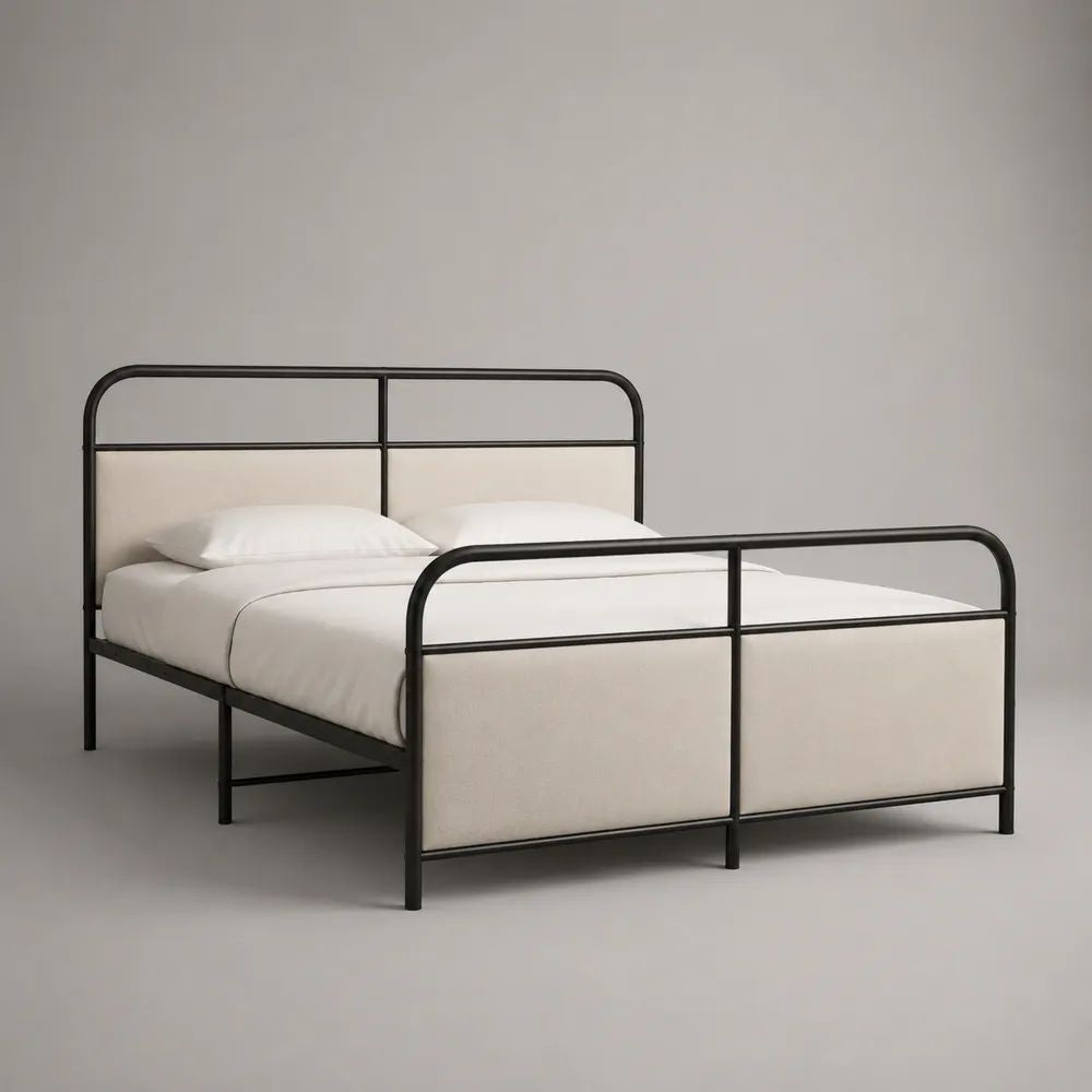 Struttura letto matrimoniale 140 x 200 cm in acciaio nero con testiera e pediera imbottite crema