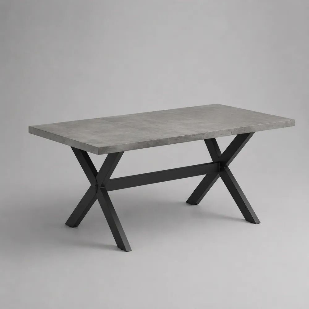 Tavolo da pranzo rettangolare in MDF effetto cemento con gambe incrociate in acciaio nero, 160 x 90 x 76 cm