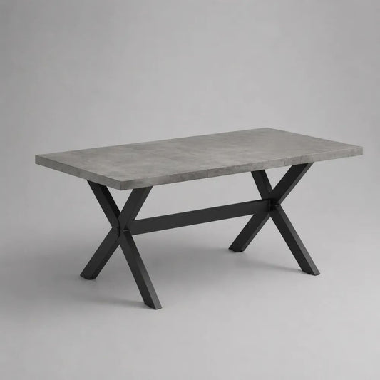 Tavolo da pranzo rettangolare in MDF effetto cemento con gambe incrociate in acciaio nero, 160 x 90 x 76 cm