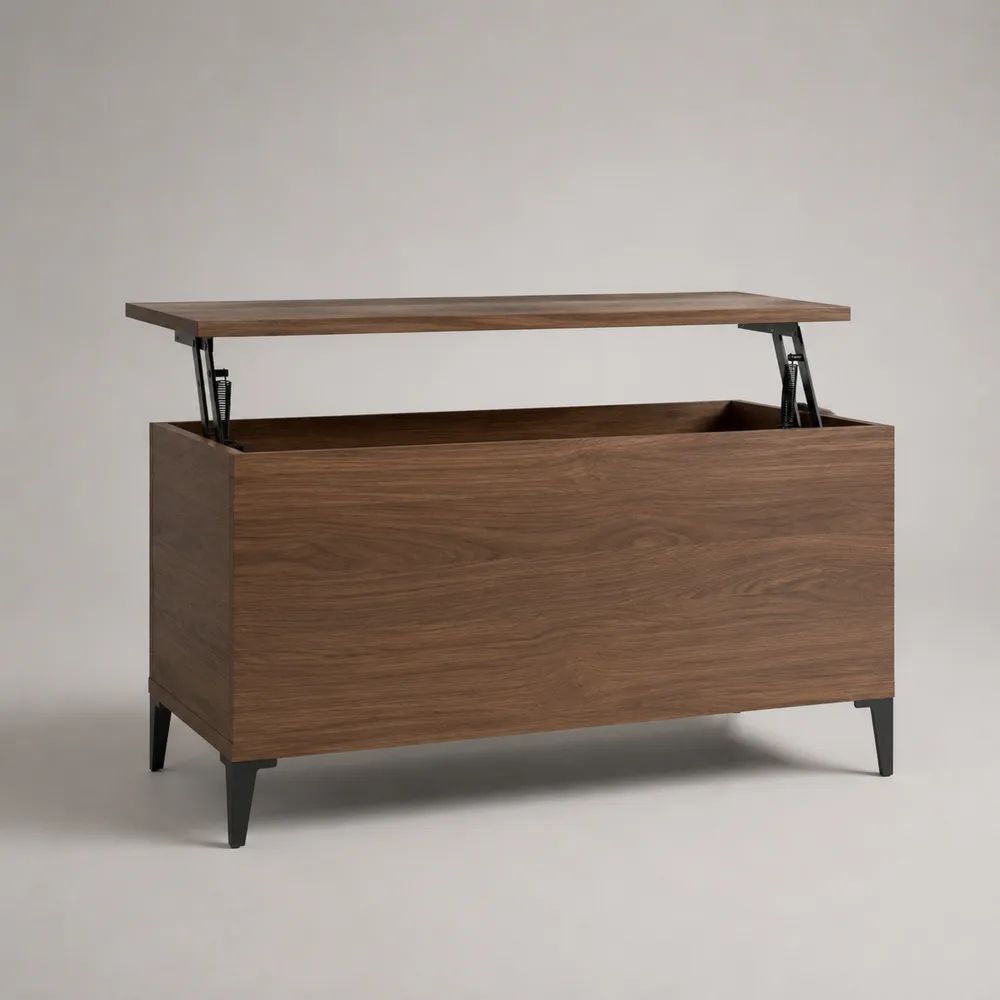Tavolino da salotto rettangolare con contenitore e piano elevabile in truciolare melaminico e acciaio, noce e nero, 100 x 50 x 50 cm