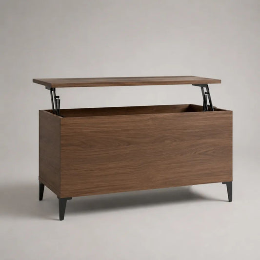 Tavolino da salotto rettangolare con contenitore e piano elevabile in truciolare melaminico e acciaio, noce e nero, 100 x 50 x 50 cm