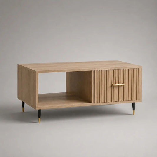 Tavolino da salotto rettangolare in MDF impiallacciato rovere con vano aperto e contenitore chiuso, rovere naturale, 100 x 50 x 45 cm