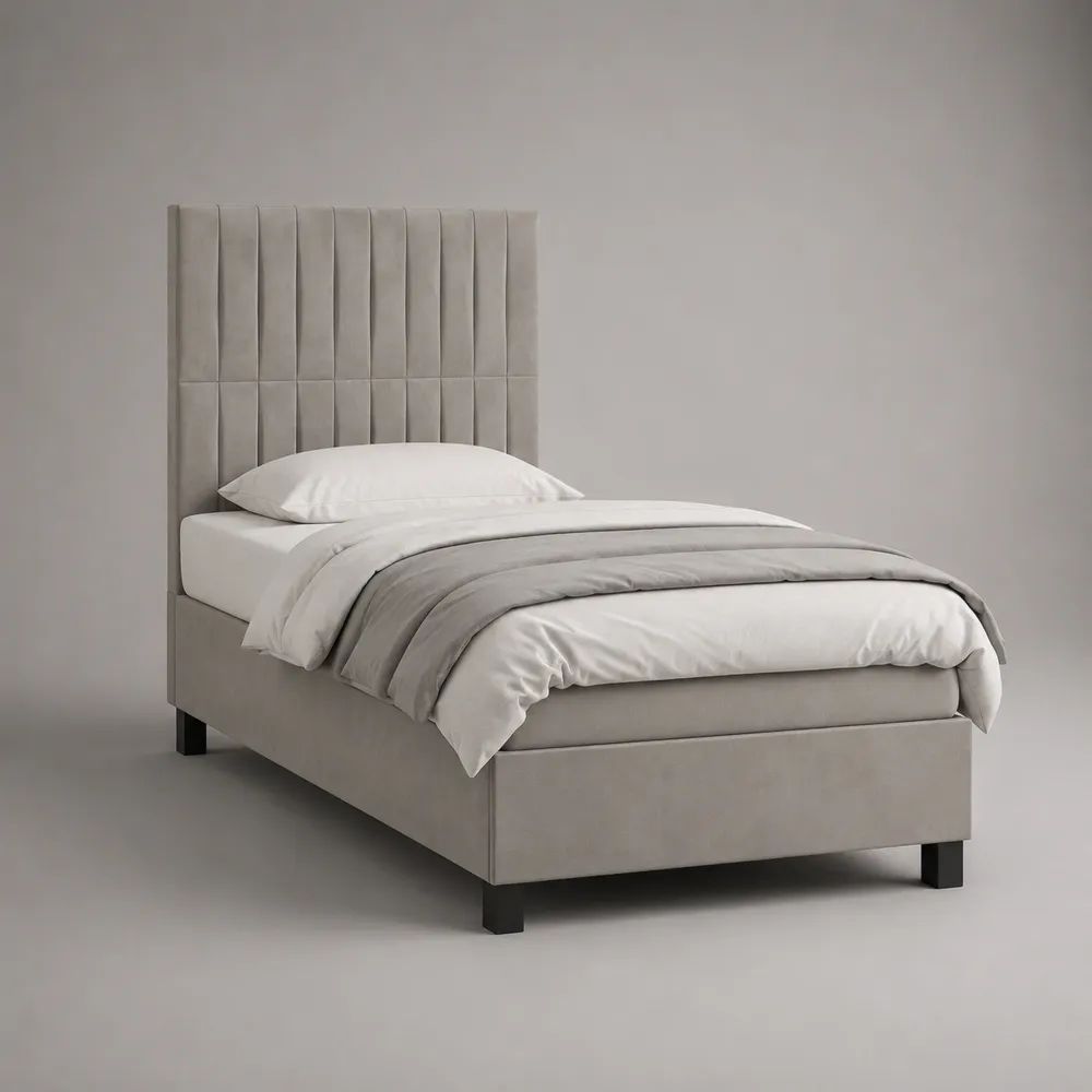 Letto singolo imbottito 90 x 200 cm in velluto grigio chiaro con testiera alta a pannelli verticali