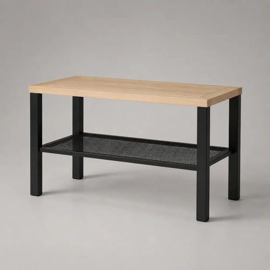 Tavolo rettangolare da esterno in legno massello di acacia e acciaio nero con ripiano, 120 x 60 x 90 cm