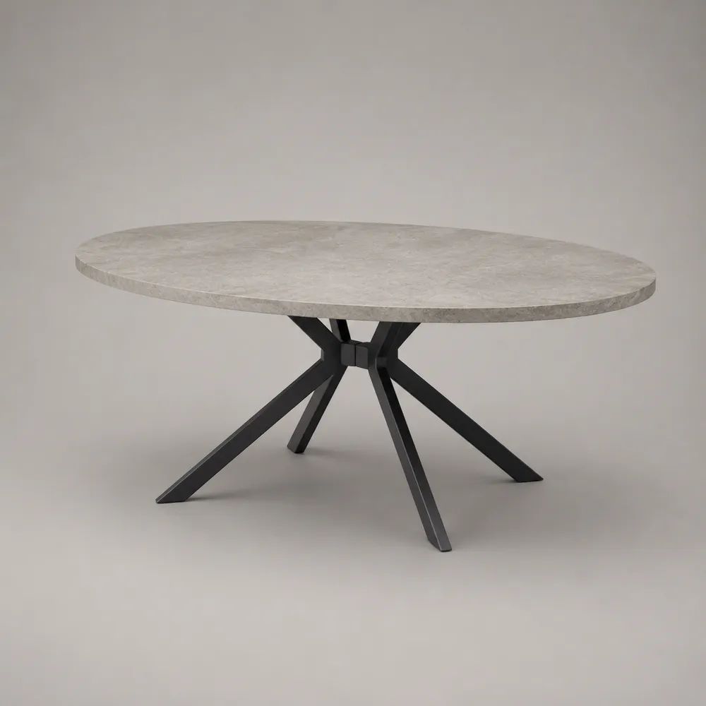 Tavolo da pranzo ovale in ceramica grigio marmorizzato con gambe in acciaio nero, 160 x 90 x 76 cm