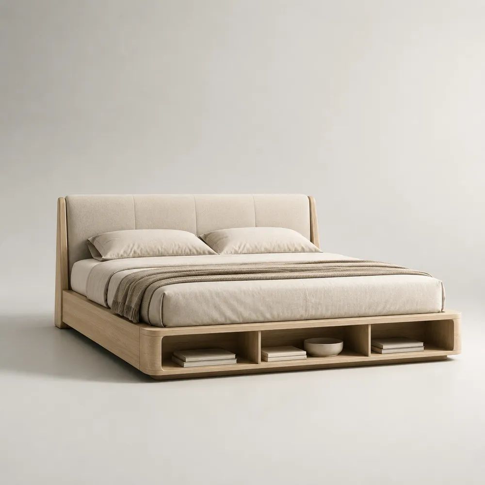 Letto matrimoniale 160 x 200 cm con testiera imbottita in tessuto e pediera con 4 vani, struttura in legno, beige e rovere naturale, 240 x 180 x 105 cm
