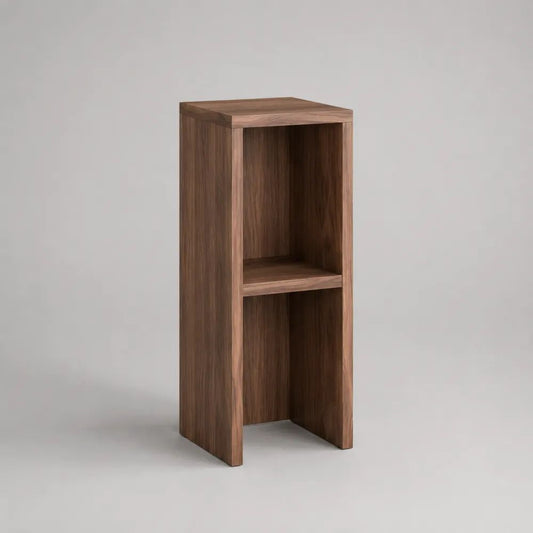 Comodino alto rettangolare in MDF impiallacciato noce con 2 vani aperti, marrone noce, 35 x 30 x 80 cm