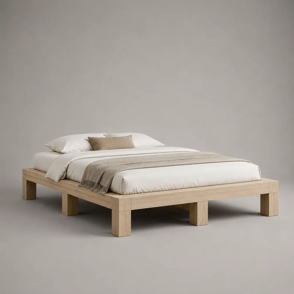 Letto matrimoniale a piattaforma rettangolare in legno, rovere naturale, per materasso 160 × 200 cm, dimensioni 220 × 180 × 35 cm