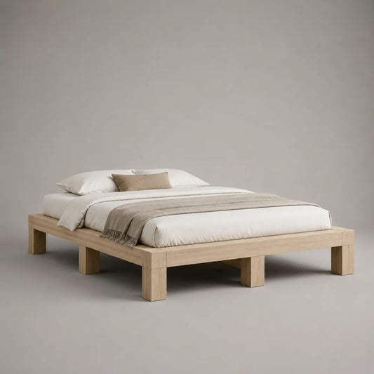 Letto matrimoniale a piattaforma rettangolare in legno, rovere naturale, per materasso 160 × 200 cm, dimensioni 220 × 180 × 35 cm