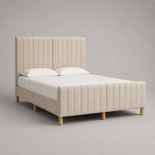 Letto matrimoniale imbottito 160 × 200 cm in velluto di poliestere beige con testiera e pediera scanalate, 218 × 172 × 120 cm