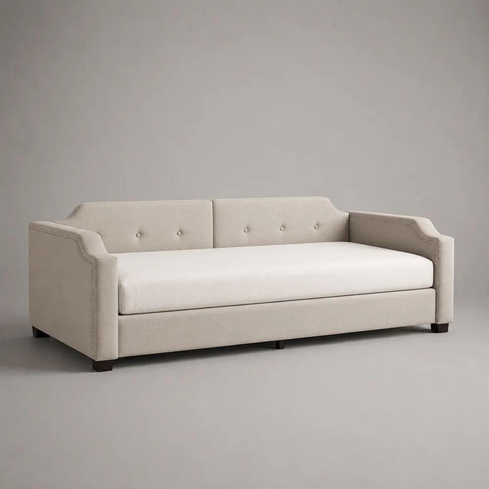 Letto singolo a divano imbottito in poliestere beige con materasso, 218 x 102 x 86 cm, superficie di riposo 90 x 200 cm