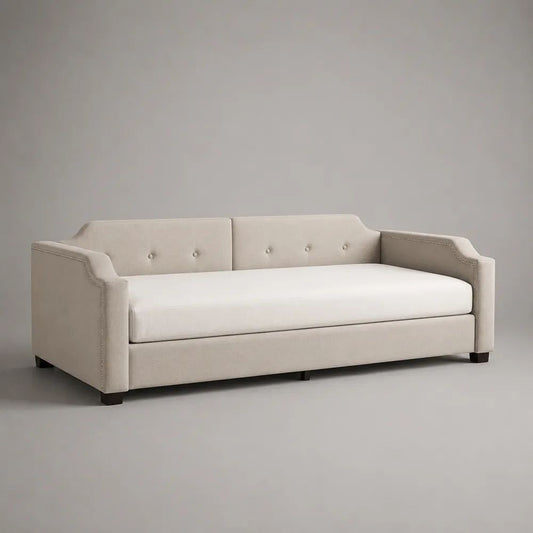 Letto singolo a divano imbottito in poliestere beige con materasso, 218 x 102 x 86 cm, superficie di riposo 90 x 200 cm