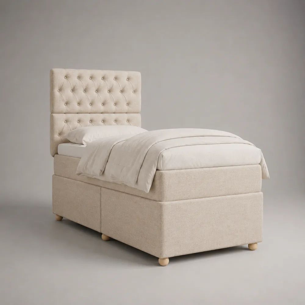 Letto singolo imbottito 90 x 200 cm in poliestere beige con testiera capitonné e piedini in legno