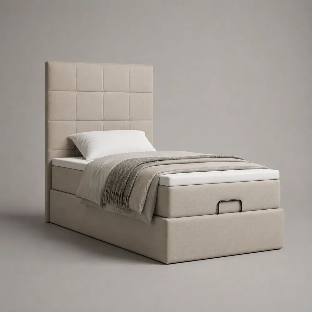 Letto singolo contenitore imbottito in poliestere beige 90 x 200 cm con testiera alta