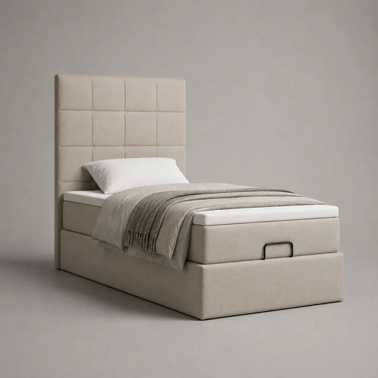 Letto singolo contenitore imbottito in poliestere beige 90 x 200 cm con testiera alta