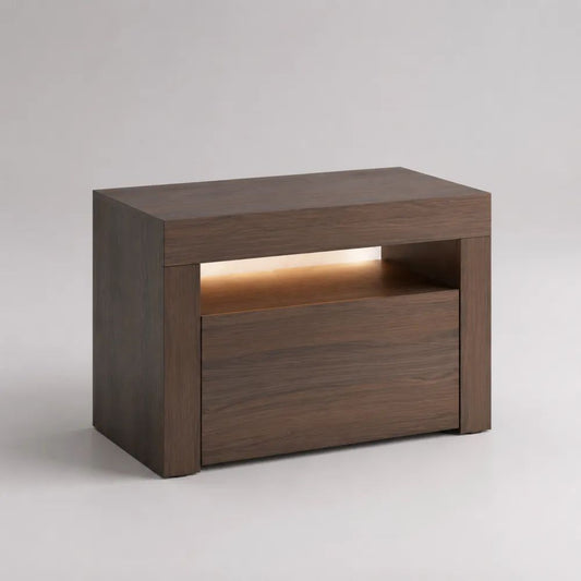 Comodino rettangolare con cassetto, vano aperto e illuminazione LED, MDF impiallacciato noce marrone, 60 x 40 x 50 cm