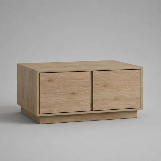 Tavolino da salotto rettangolare in legno con vano contenitore e 2 ante, rovere naturale, 100 × 55 × 45 cm