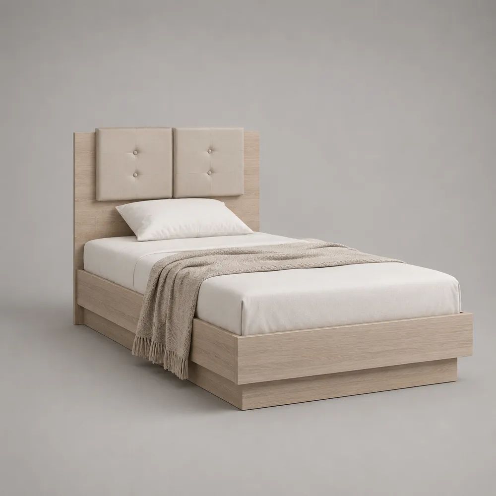 Letto singolo 90 x 200 cm in legno rovere chiaro con testiera imbottita in tessuto beige, 210 x 98 x 110 cm