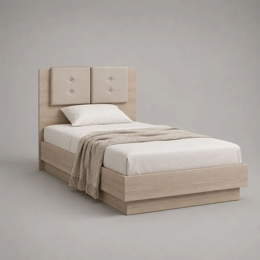 Letto singolo 90 x 200 cm in legno rovere chiaro con testiera imbottita in tessuto beige, 210 x 98 x 110 cm