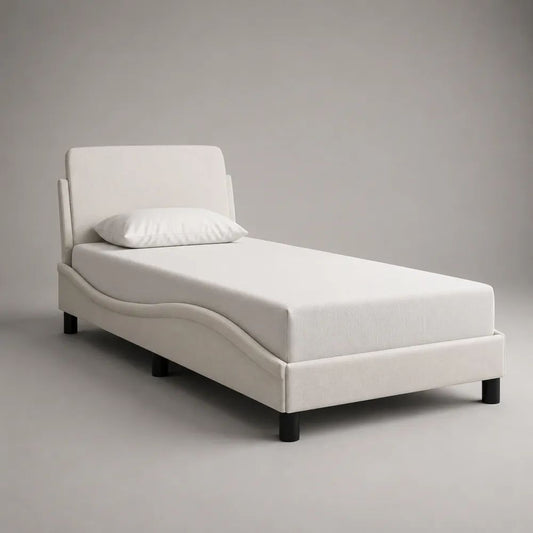 Letto singolo imbottito in tessuto bianco con piedini neri, 100 x 215 x 105 cm, per materasso 90 x 200 cm