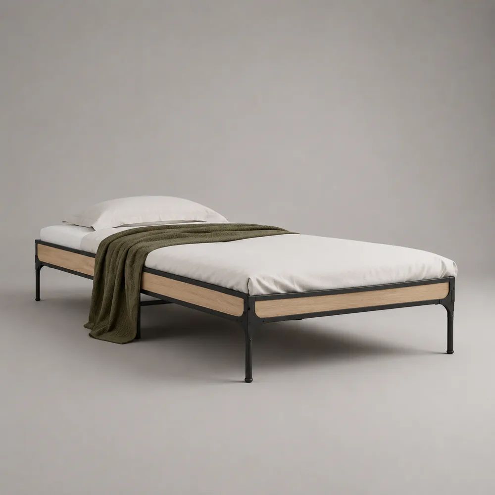 Letto matrimoniale 160 x 200 cm in acciaio nero e legno effetto rovere naturale