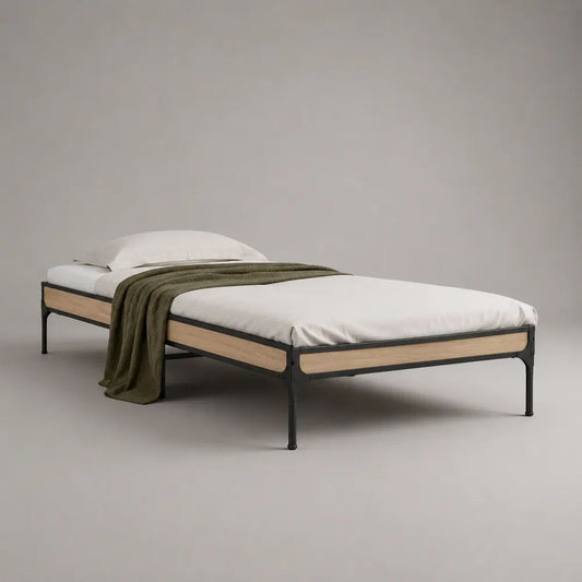 Letto matrimoniale 160 x 200 cm in acciaio nero e legno effetto rovere naturale