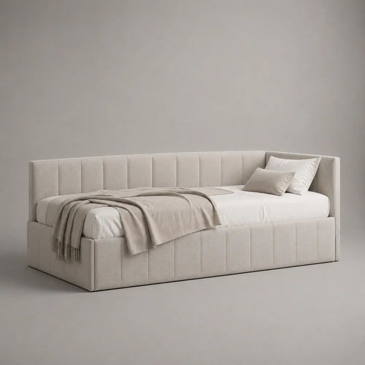 Letto divano singolo imbottito in ciniglia beige con rete a doghe e schienale angolare, 90 × 200 cm