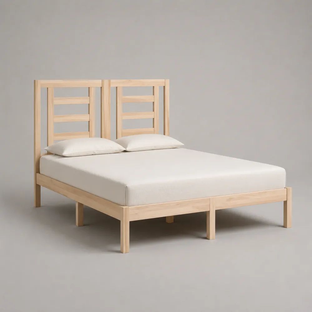 Coppia di strutture letto singole 80 x 200 cm in legno massello, pino naturale, affiancabili 160 x 200 cm, con testiere a listelli