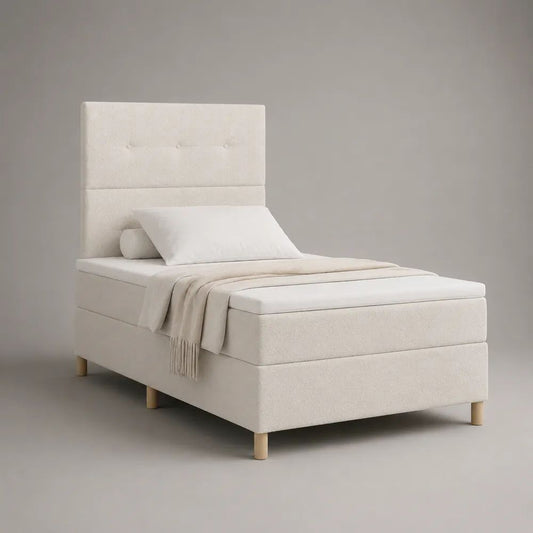 Letto singolo imbottito con materasso 90 x 200 cm, rivestimento in tessuto bouclé bianco, dimensioni 100 x 210 x 120 cm