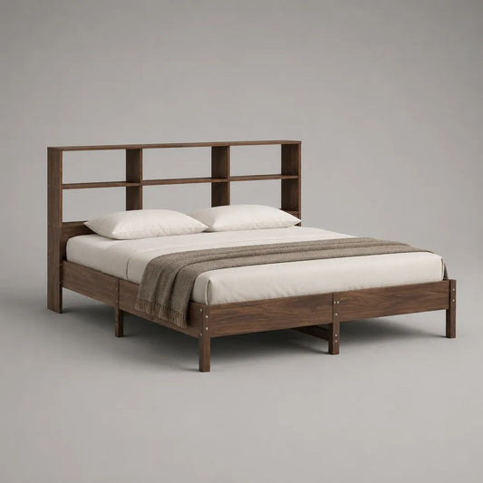 Letto matrimoniale in legno 160 x 200 cm con testiera a libreria, 215 x 168 x 150 cm, marrone noce