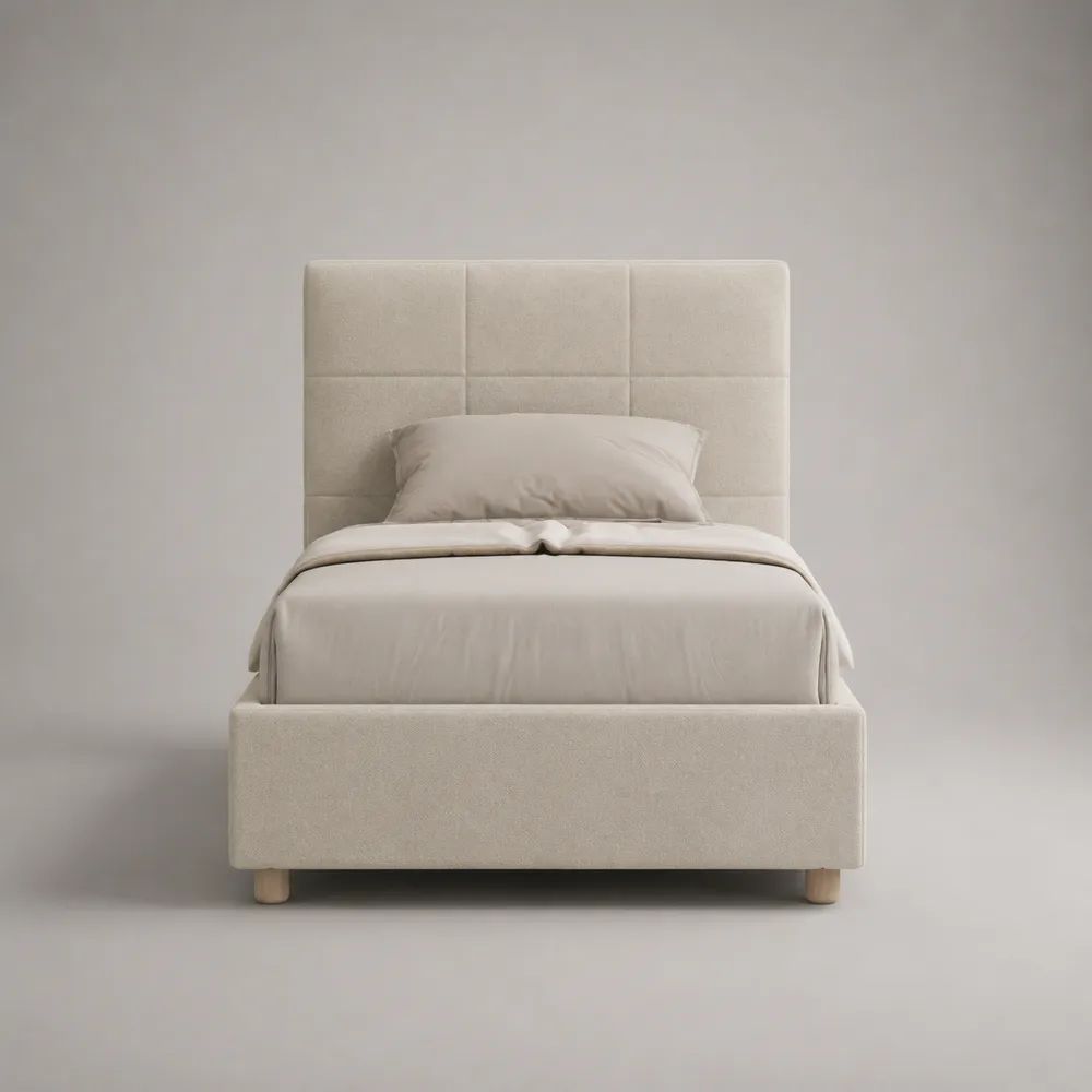Letto singolo imbottito in tessuto bianco crema con testiera trapuntata, 100 × 210 × 110 cm