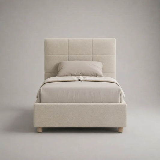 Letto singolo imbottito in tessuto bianco crema con testiera trapuntata, 100 × 210 × 110 cm