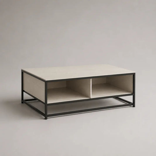 Tavolino da salotto rettangolare in MDF effetto marmo e acciaio con 2 vani aperti, bianco crema e nero, 100 × 60 × 45 cm