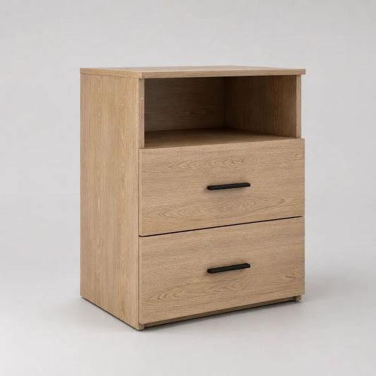 Comodino con 2 cassetti e vano aperto in pannello truciolare effetto rovere chiaro, 45 x 40 x 65 cm