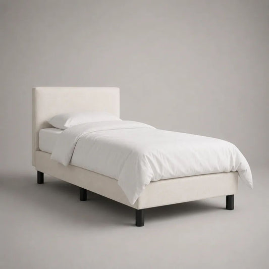 Letto singolo imbottito rettangolare con testiera in tessuto, bianco crema, per materasso 90 x 200 cm