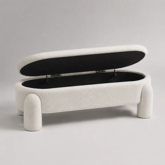 Panca contenitore rettangolare in tessuto bianco crema con seduta imbottita, 120 x 45 x 48 cm