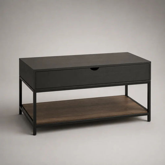 Tavolino da salotto rettangolare in legno e acciaio con cassetto e ripiano, nero e marrone noce, 100 x 50 x 55 cm