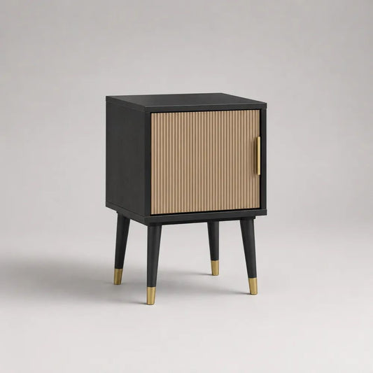 Comodino in MDF e legno con anta scanalata, nero, tortora e oro, 40 x 35 x 60 cm